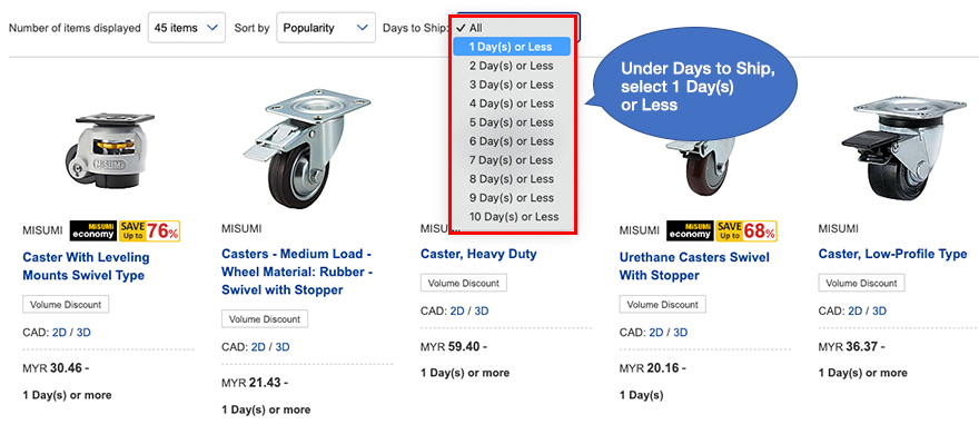 Select 'Same Day' under the 'Days to Ship' portion.