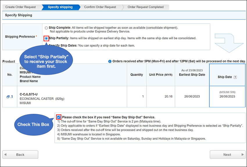 Select 'Ship Partially' to receive your Stock items first.